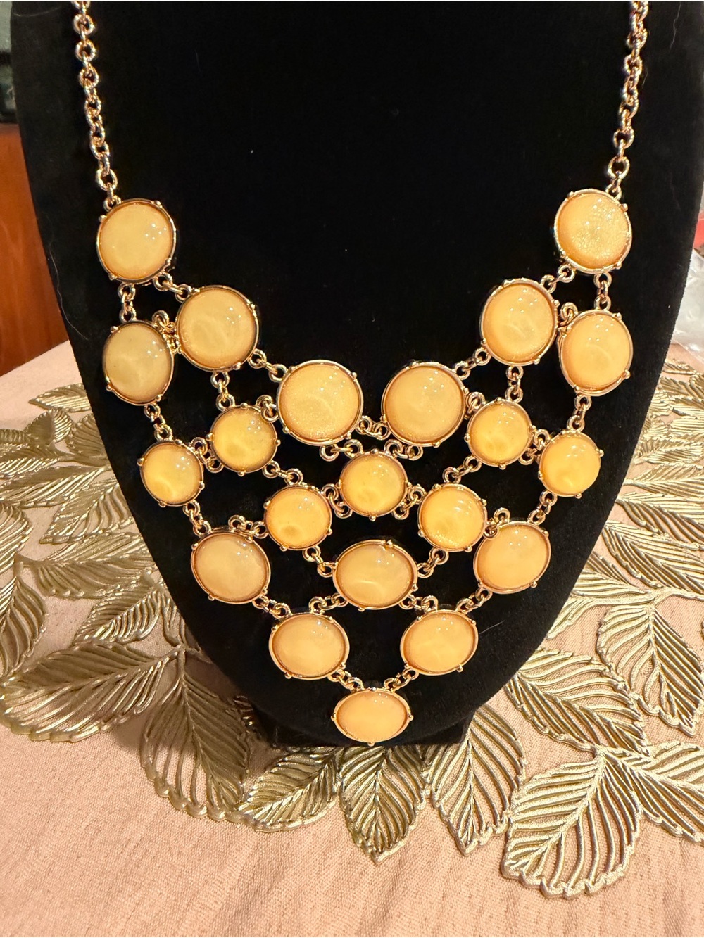 Avon SAQ Gold-Tone Statement Bib Necklace with Cream Enamel Cabochons